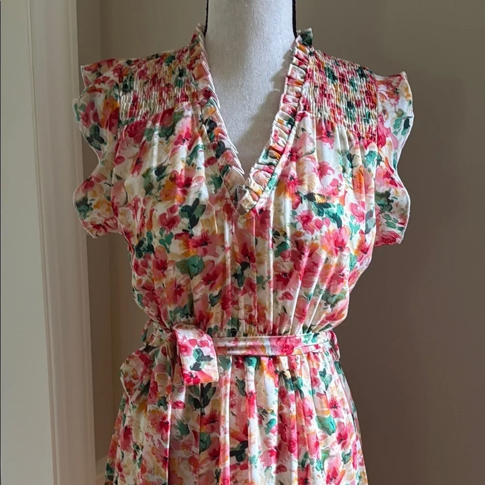 Apricot Floral Ruffle Sleeve Midi Dress Women's Size Small
